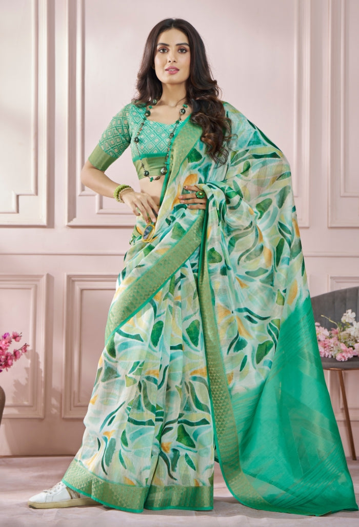 Leafy Green Modal Silk With Beautiful Colorfull Prints