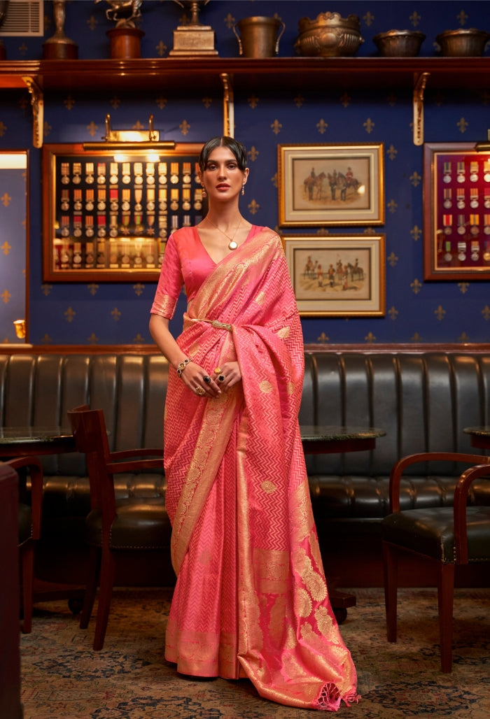 rose pink pure satin silk saree