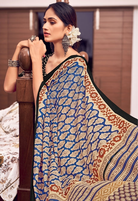 Cobalt Blue and Scarlet Red Pure Mulmul Cotton Saree