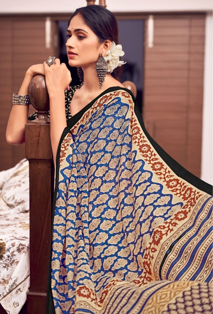 Cobalt Blue and Scarlet Red Pure Mulmul Cotton Saree