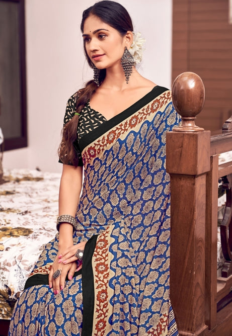 Cobalt Blue and Scarlet Red Pure Mulmul Cotton Saree