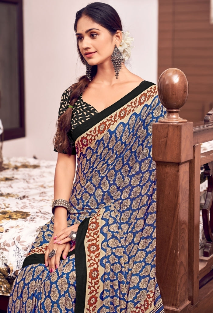 Cobalt Blue and Scarlet Red Pure Mulmul Cotton Saree