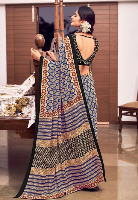 Cobalt Blue and Scarlet Red Pure Mulmul Cotton Saree