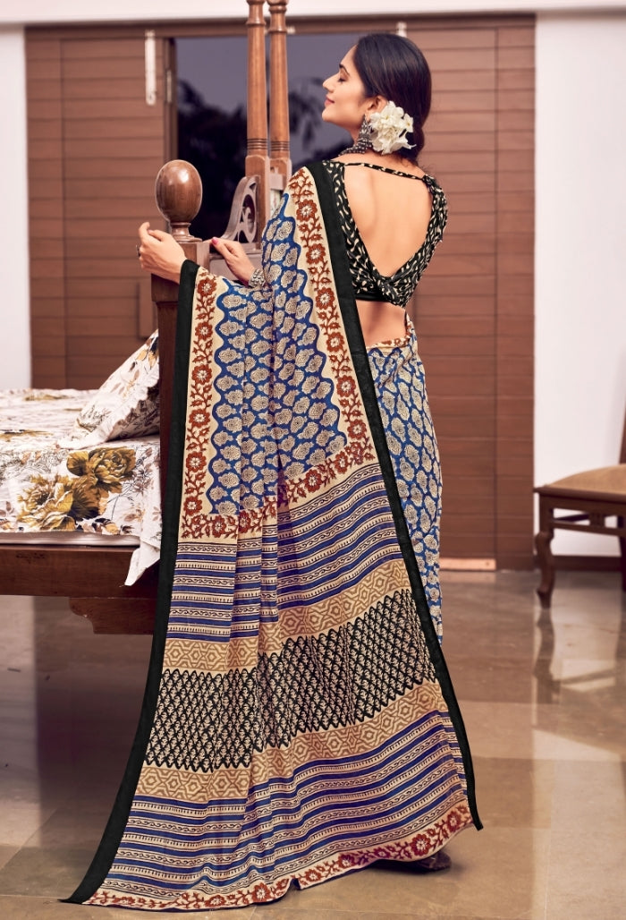 Cobalt Blue and Scarlet Red Pure Mulmul Cotton Saree