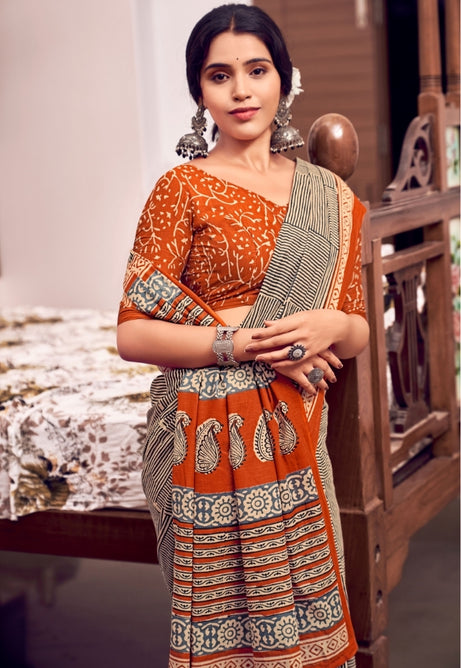 Bold Orange and Black Pure Mulmul Cotton Saree