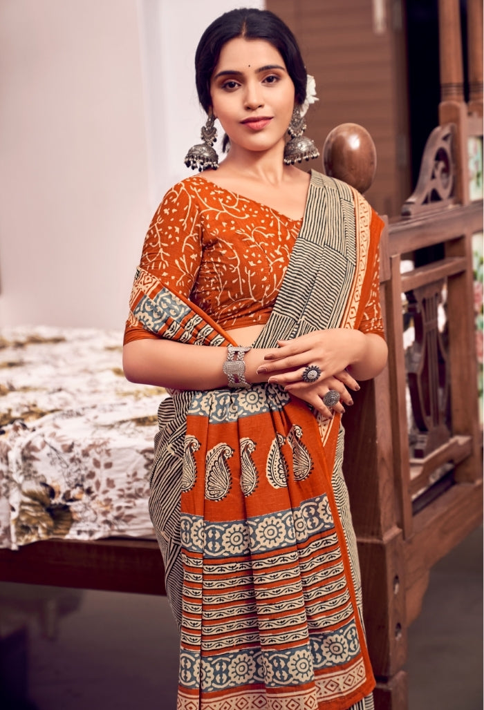 Bold Orange and Black Pure Mulmul Cotton Saree