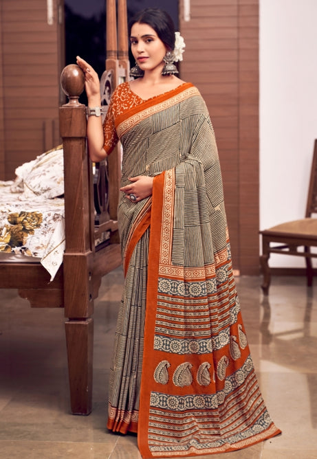 Bold Orange and Black Pure Mulmul Cotton Saree