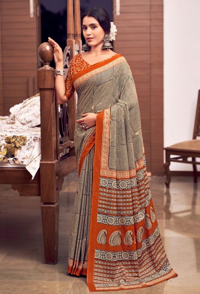 Bold Orange and Black Pure Mulmul Cotton Saree