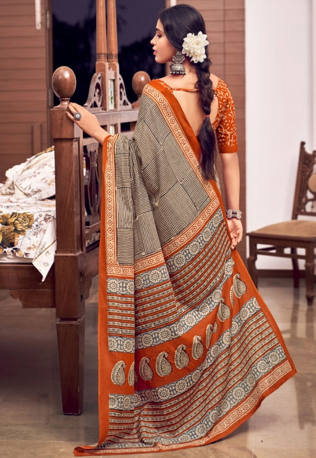 Bold Orange and Black Pure Mulmul Cotton Saree