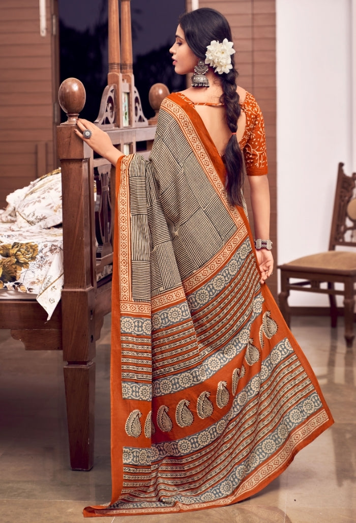 Bold Orange and Black Pure Mulmul Cotton Saree