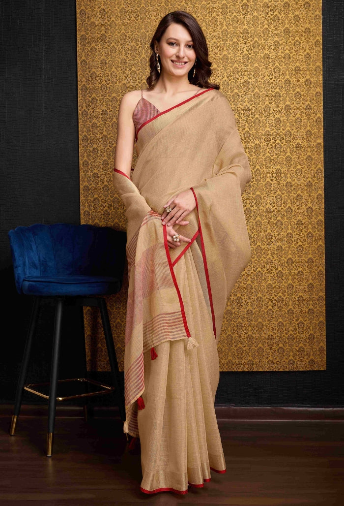 Elegant Beige Linen Saree