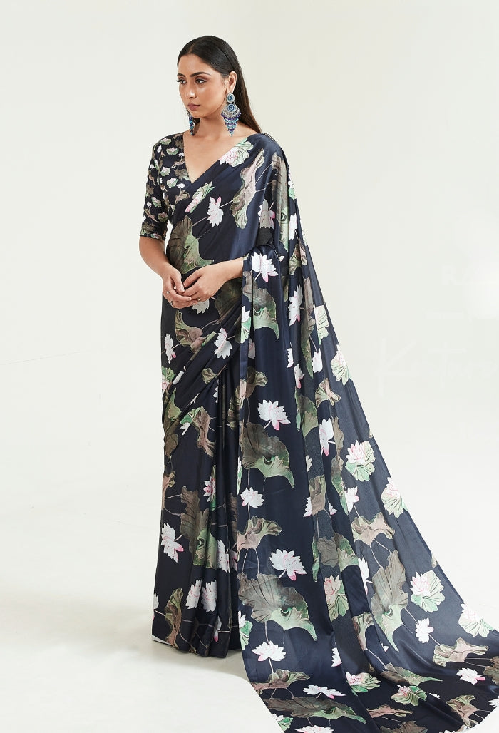 Midnight Lotus Printoria Digital Silk Saree