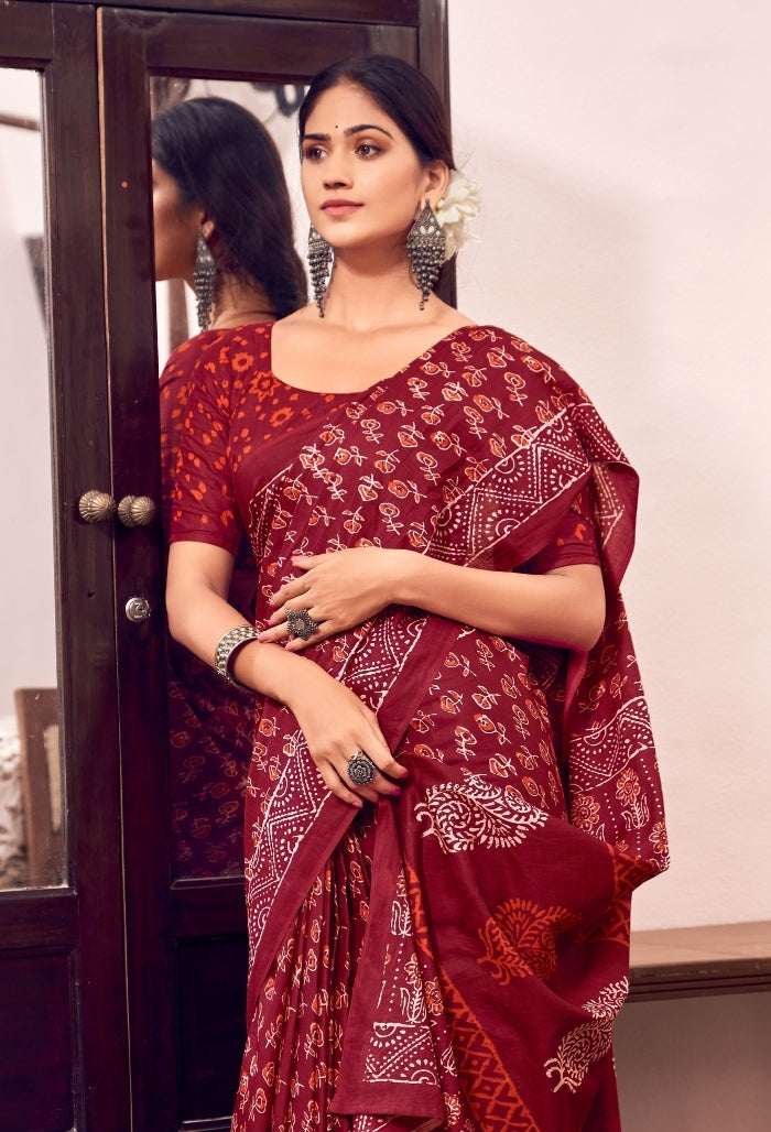 Crimson Red Pure Mulmul Cotton Saree