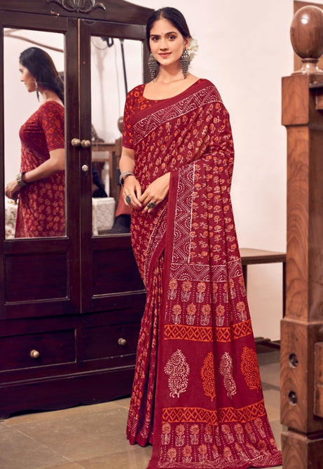 Crimson Red Pure Mulmul Cotton Saree