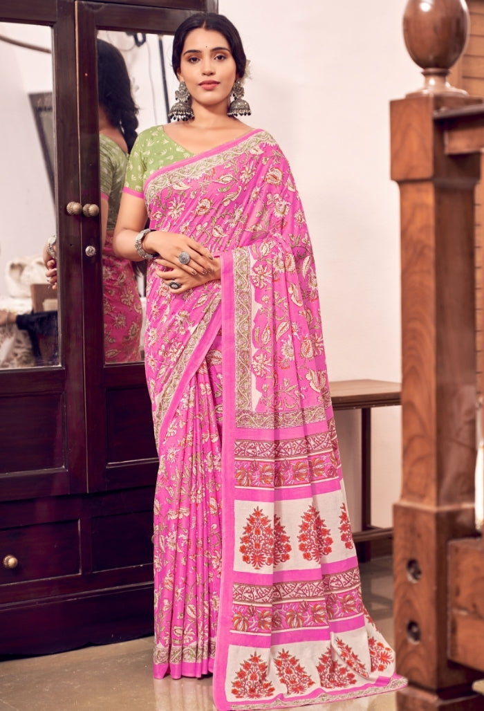 Soft Blush Pink Pure Mulmul Cotton Saree