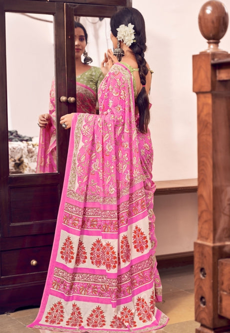 Soft Blush Pink Pure Mulmul Cotton Saree