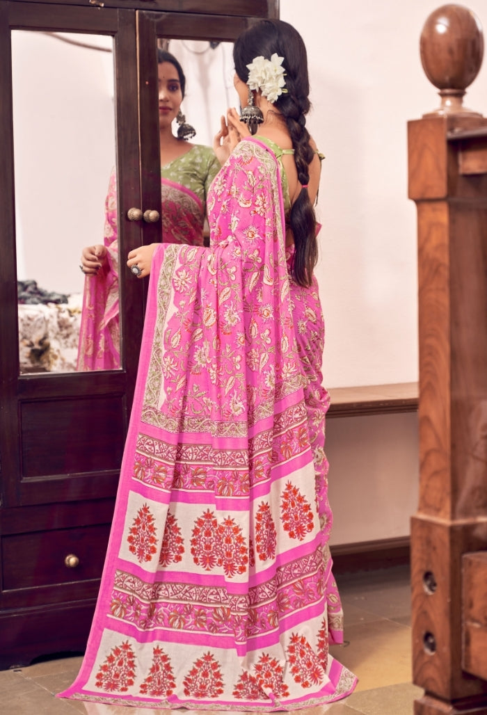 Soft Blush Pink Pure Mulmul Cotton Saree