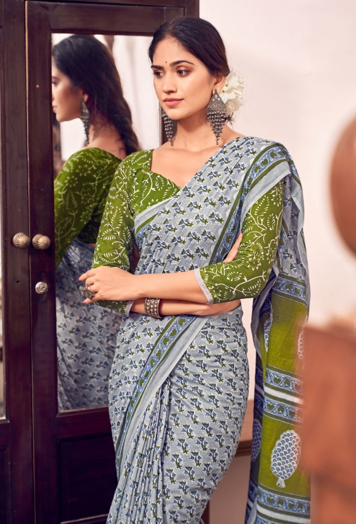 Slate Grey and Forest Green Pure Mulmul Cotton Saree