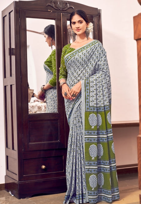 Slate Grey and Forest Green Pure Mulmul Cotton Saree