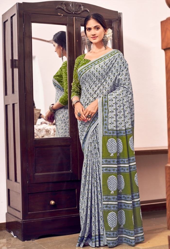 Slate Grey and Forest Green Pure Mulmul Cotton Saree