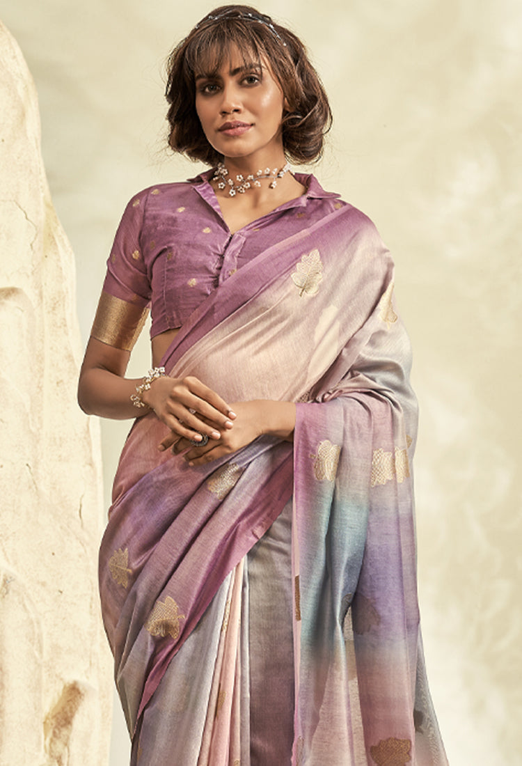 Dusty Pink Pure Khadi Silk Saree with Print