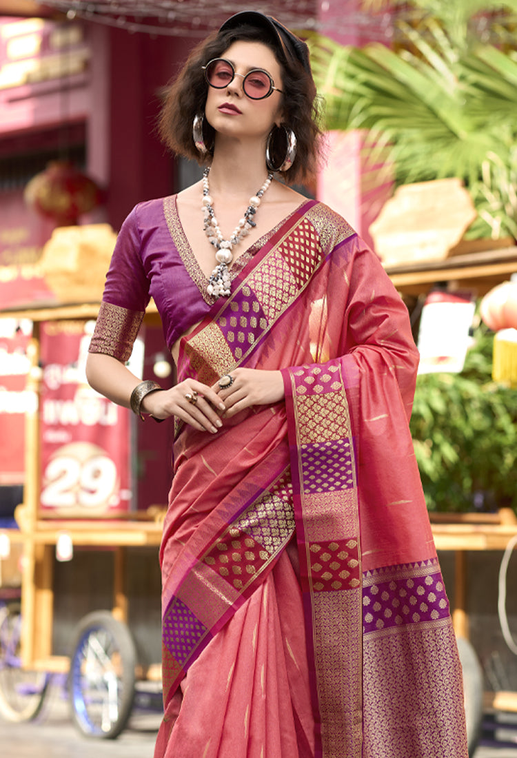 Coral Pink Pure Banarasi Saree