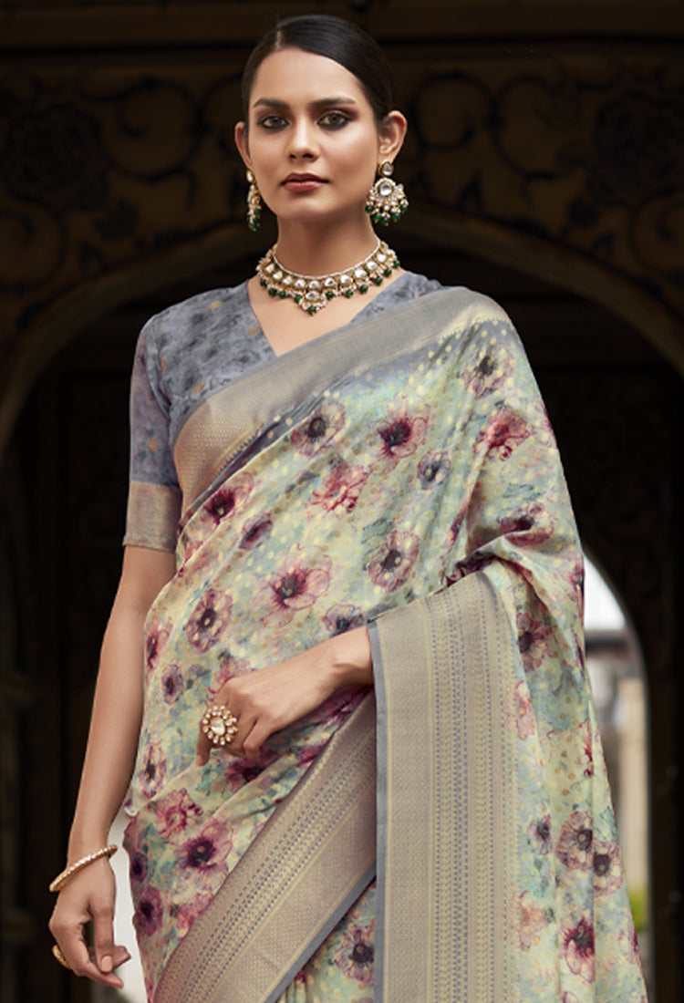 Battleship grey soft Tissue Saree with Print