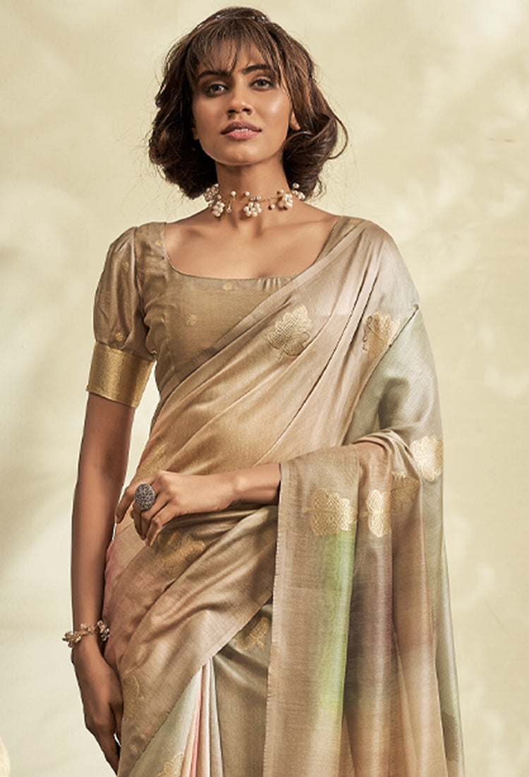 Dark Beige Pure Khadi Silk Saree with Print