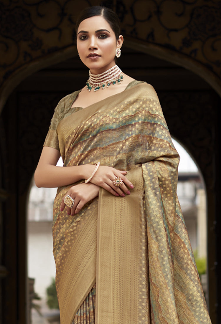 Dark chestnut soft Tissue Saree with Print