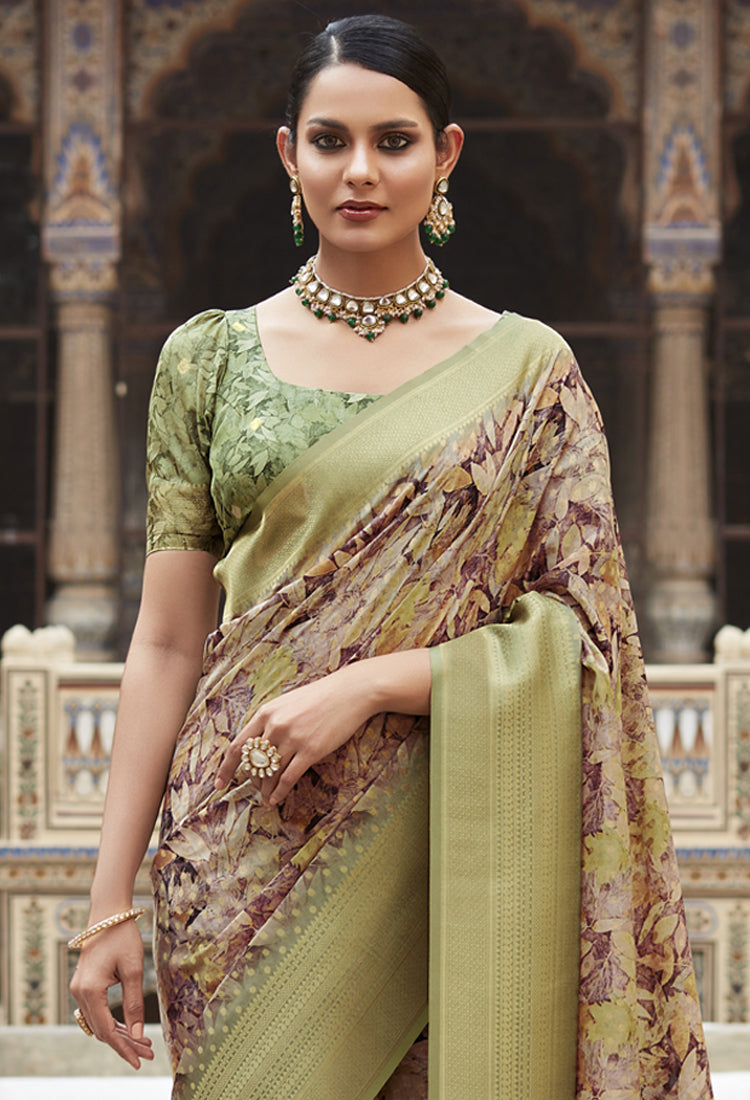 Green smoke soft Tissue Saree with Print