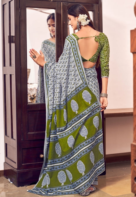 Slate Grey and Forest Green Pure Mulmul Cotton Saree