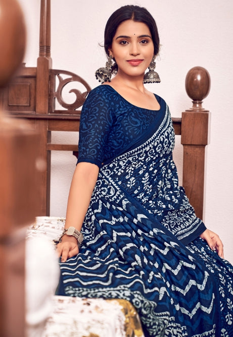 Ocean Blue Pure Mulmul Cotton Saree