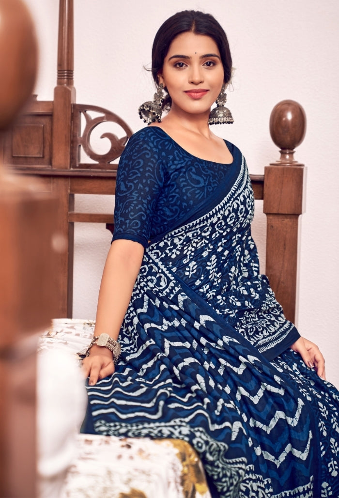 Ocean Blue Pure Mulmul Cotton Saree