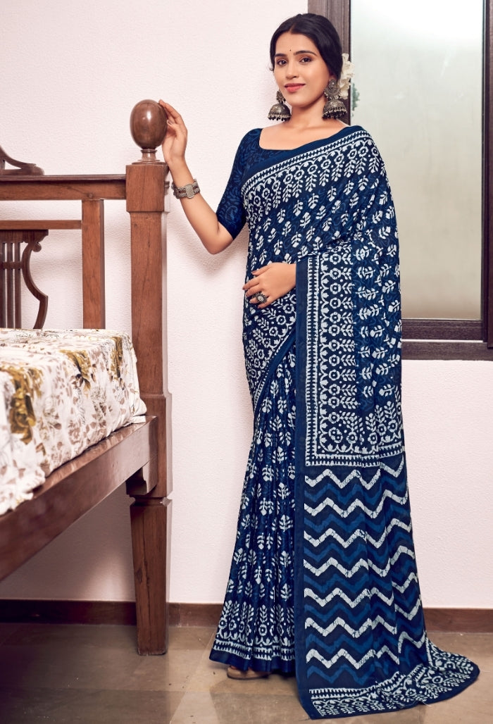 Ocean Blue Pure Mulmul Cotton Saree