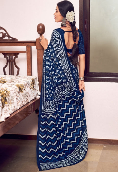 Ocean Blue Pure Mulmul Cotton Saree