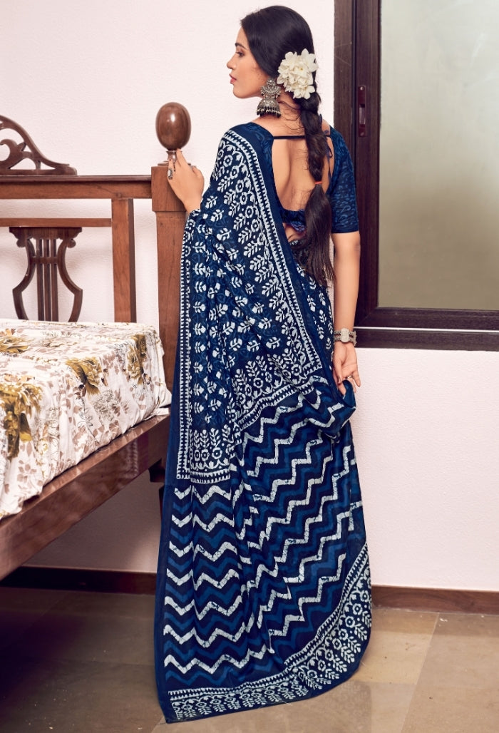 Ocean Blue Pure Mulmul Cotton Saree