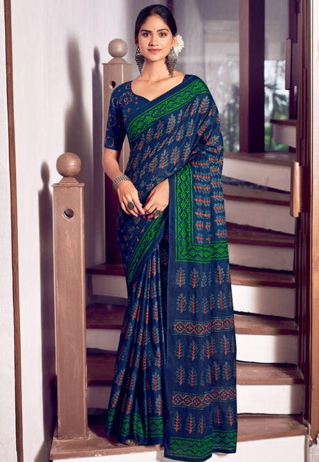 Teal Blue and Mint Green Pure Mulmul Cotton Saree