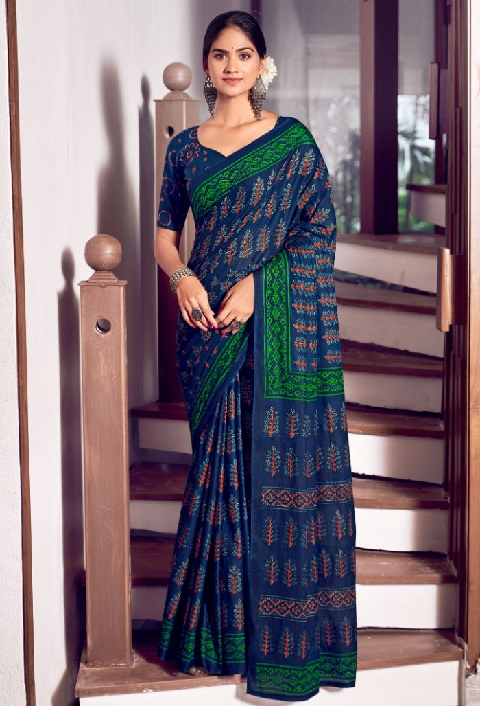 Teal Blue and Mint Green Pure Mulmul Cotton Saree