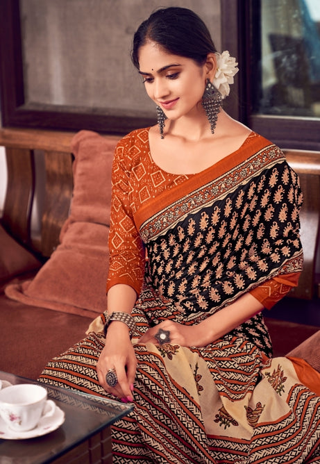 Bright Orange and Blue Pure Mulmul Cotton Saree