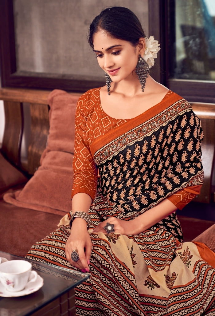 Bright Orange and Blue Pure Mulmul Cotton Saree