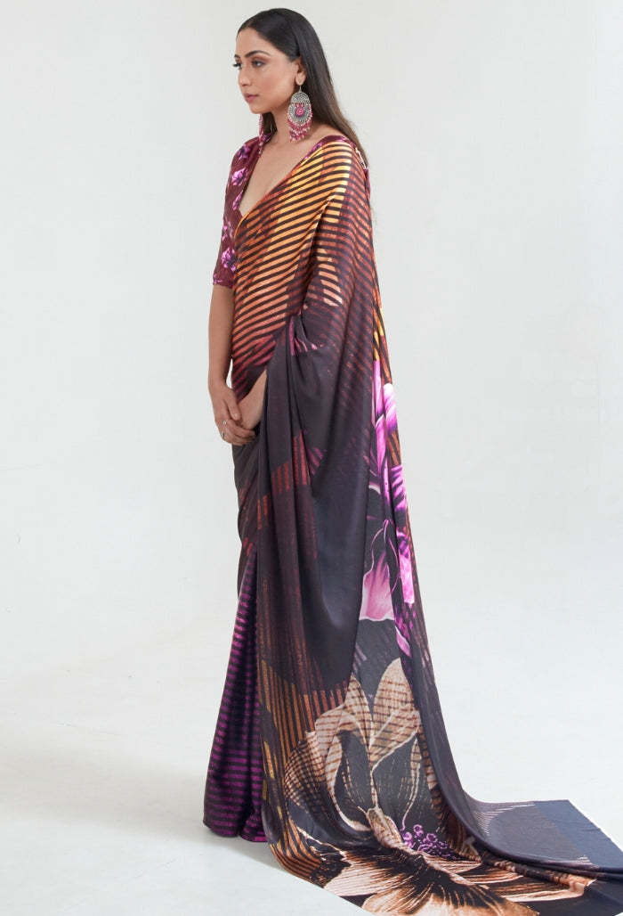 Mystic Petals Black-Brown Printoria Digital Silk Saree