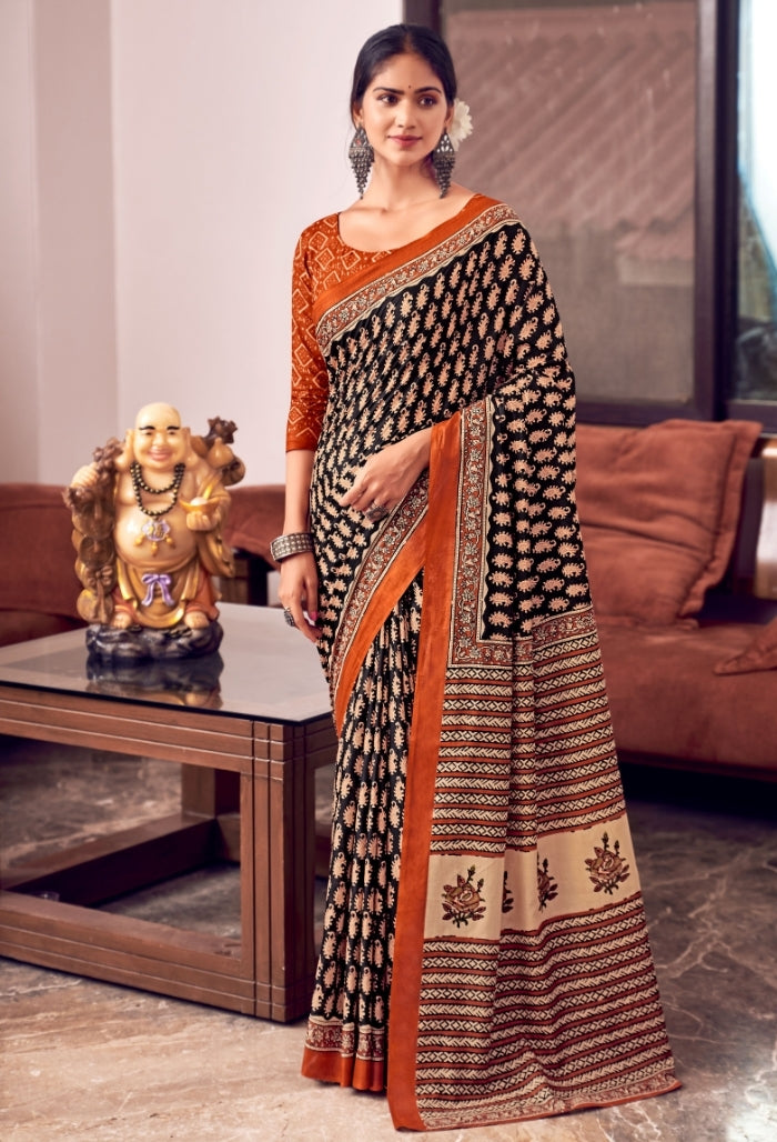 Bright Orange and Blue Pure Mulmul Cotton Saree