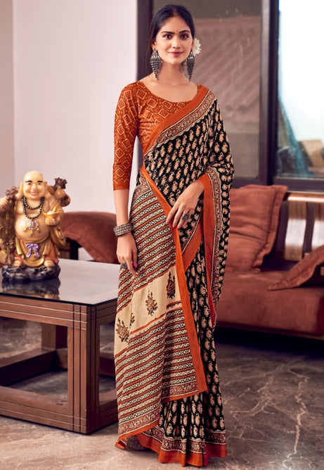 Bright Orange and Blue Pure Mulmul Cotton Saree