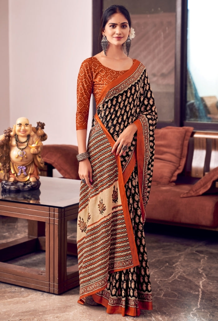 Bright Orange and Blue Pure Mulmul Cotton Saree