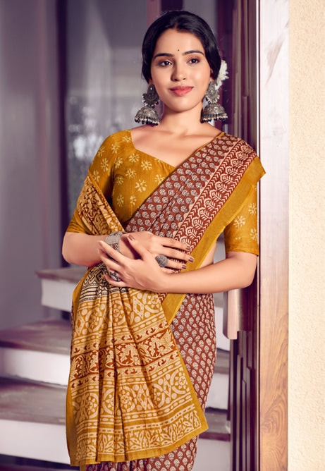 Fiery Red and Golden Yellow Pure Mulmul Cottons Saree