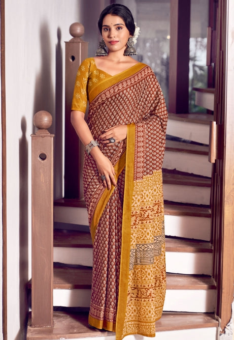 Fiery Red and Golden Yellow Pure Mulmul Cottons Saree