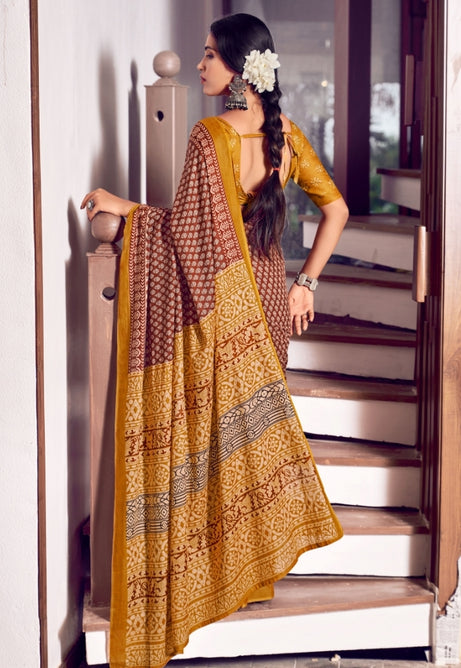 Fiery Red and Golden Yellow Pure Mulmul Cottons Saree