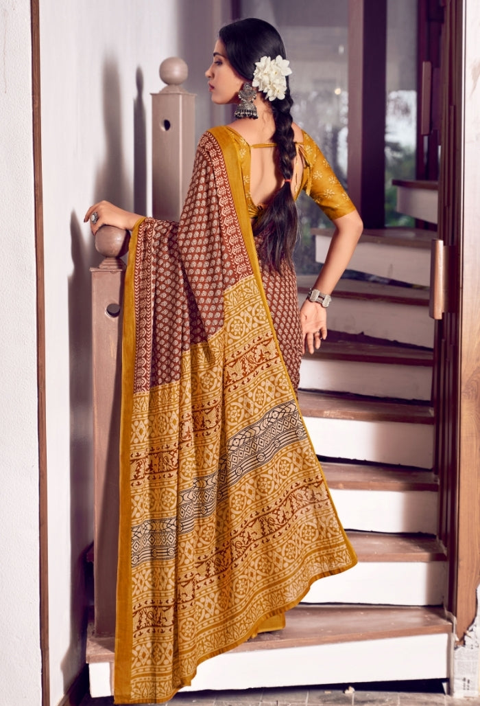 Fiery Red and Golden Yellow Pure Mulmul Cottons Saree