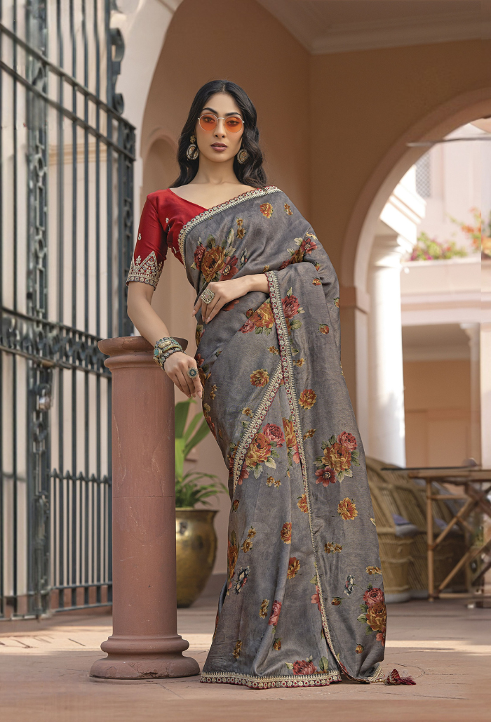 Smoky Pearl Pure Viscose Dola Silk saree