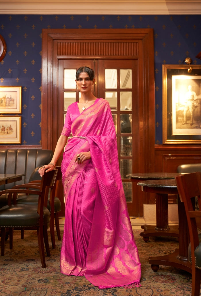 fuchsia pink pure satin silk saree